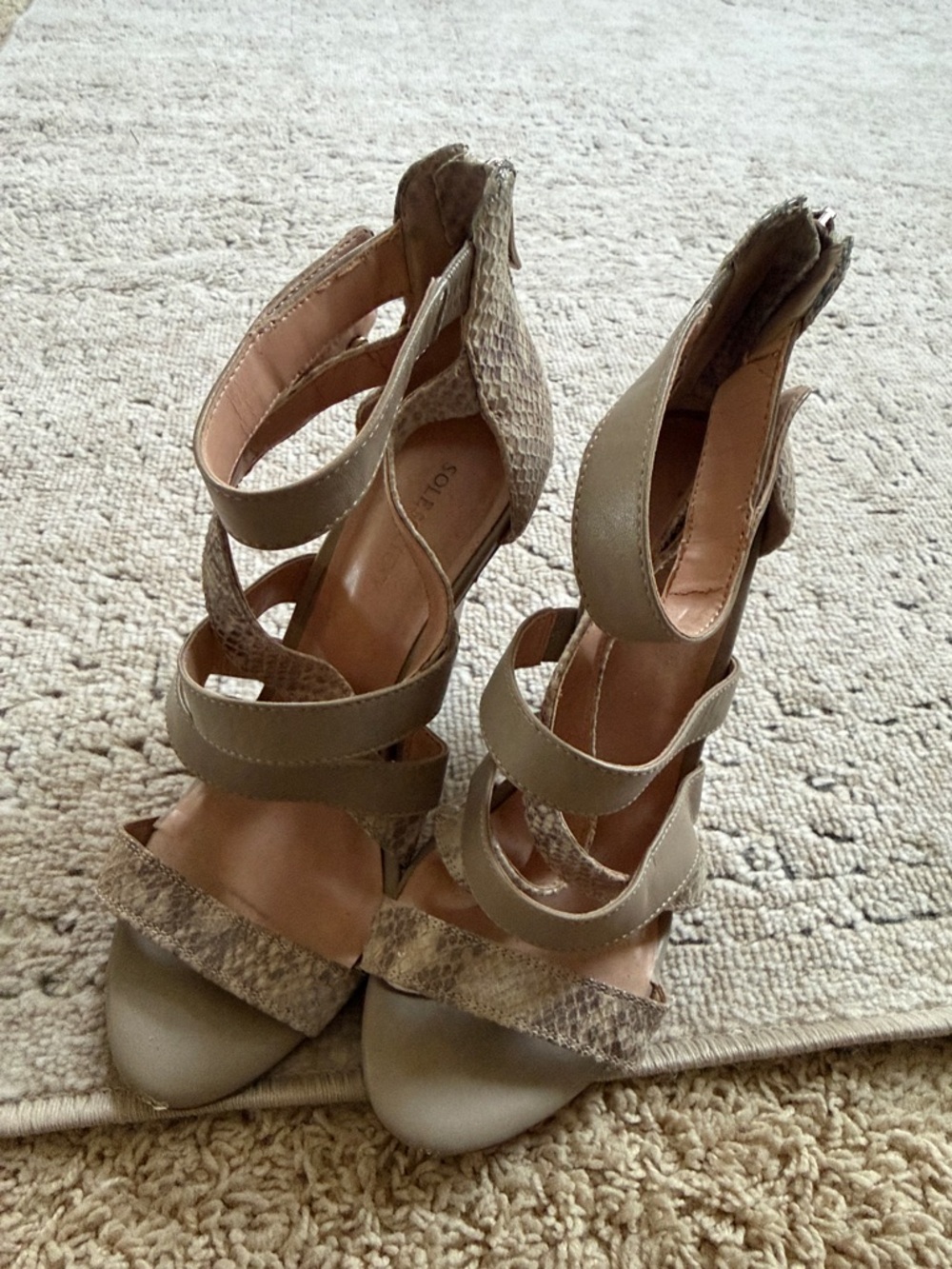Sole Society’s Snake Print Grey/Taupe Strappy Heeled Sandals